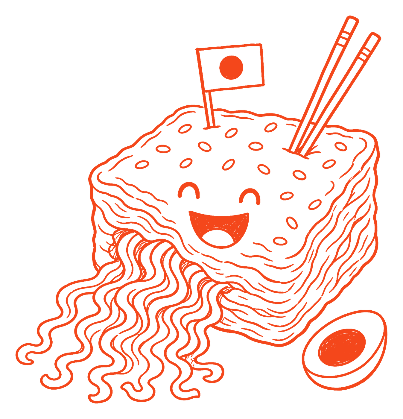 Merdenea veselă din care curg tăiței ramen, cu bețișoare înfipte, un steguleț cu cerc și o jumătate de ou fiert