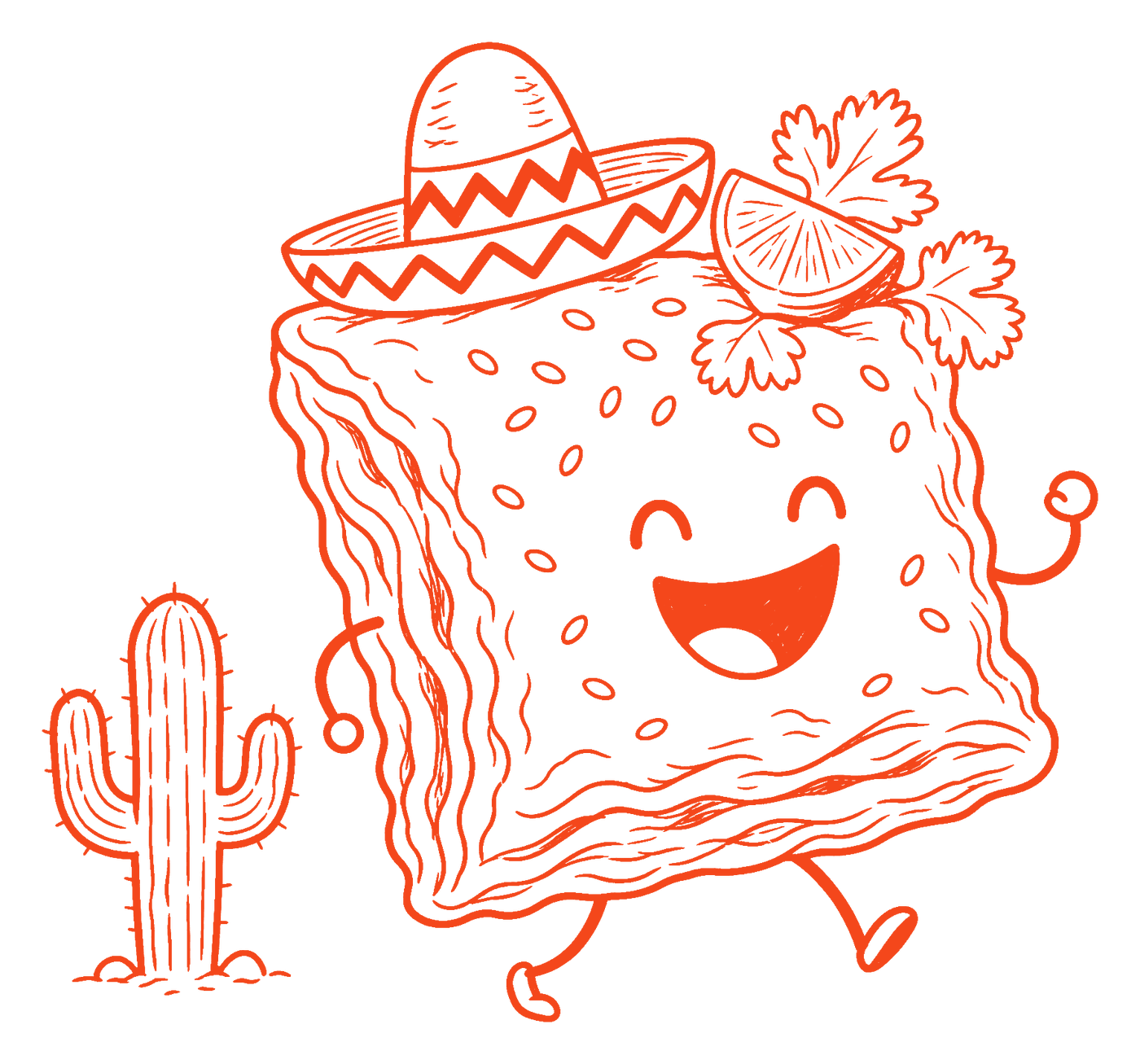 Merdenea cu un sombrero mic, o felie de lime și frunze de coriandru, lângă un cactus